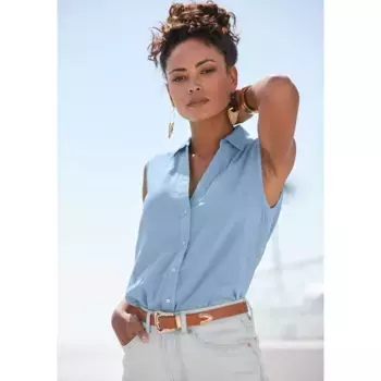 Блузка-топ LASCANA, выполненная из мягкой ткани с содержанием льна, женская блузка с рубашечным воротником, синий