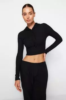 Блузка Trendyol эластичная укороченная с капюшоном, черный