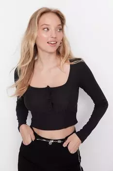 Блузка Trendyol эластичная укороченная с квадратным вырезом, черный