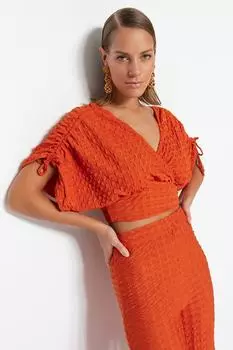 Блузка Trendyol Tile укороченная со сборками из ткани, оранжевый
