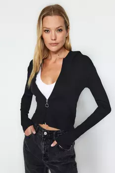 Блузка Trendyol укороченная эластичная с капюшоном, черный