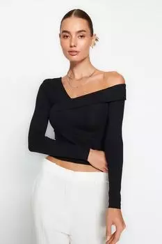 Блузка Trendyol укороченная с эластичной оборкой, черный