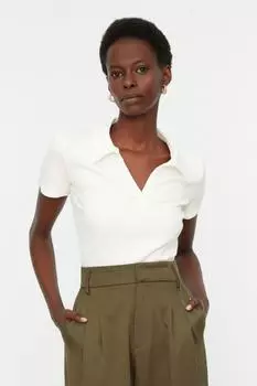 Блузка Trendyol укороченная с воротником-поло, белый