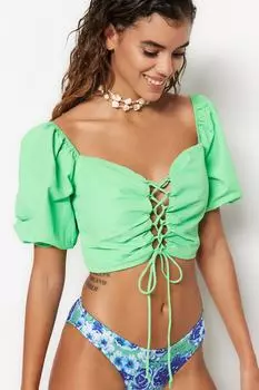 Блузка Trendyol укороченная с завязками, зеленый