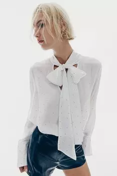 Блузка украшенная стразами с завязывающимся воротником H&M, белый