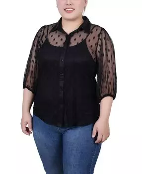 Блузка в горошек с застежкой на рукавах до локтя больших размеров и камзол на бретелях NY Collection, черный