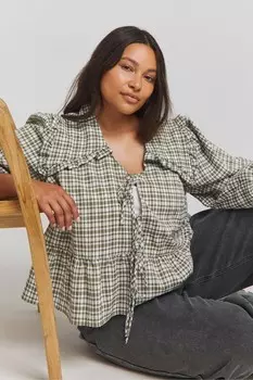 Блузка в клетку с завязкой спереди и воротником Simply Be, зеленый