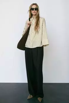 Блузка в полоску с широким рукавом ZARA, бежевый