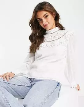 Блузка в викторианском стиле с высоким воротником Miss Selfridge цвета слоновой кости и английской вышивкой