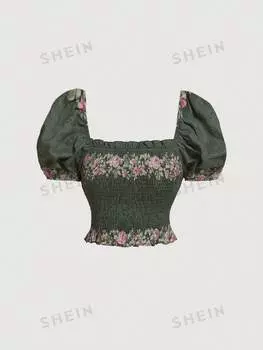 Блузка винтажная Shein Mod с пышными рукавами, зеленый