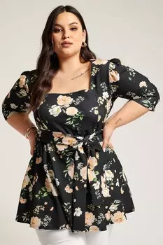 Блузка Yours London Curve с цветочным принтом и квадратным вырезом Yours, черный