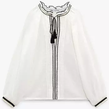 Блузка Zara Embroidered Tucks, светло-бежевый/черный