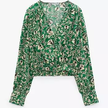 Блузка Zara Printed Cropped, зеленый/принт