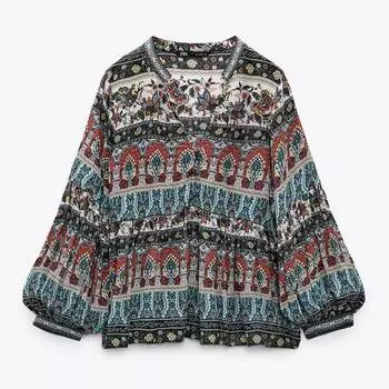 Блузка Zara Printed With Embroidered Neck, разноцветный