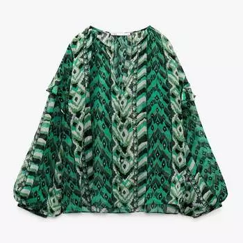 Блузка Zara Printed With Ruffles, черный/зеленый