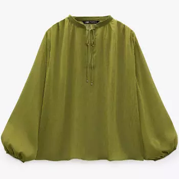 Блузка Zara Semi-sheer Tie, темно-зеленый