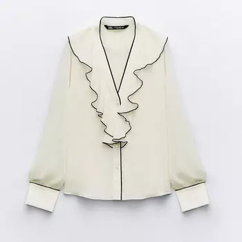 Блузка ZaraRuffled With Contrast Piping, светло-бежевый