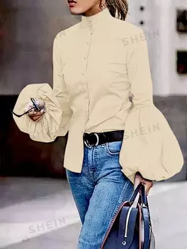 Блузка женская Shein Essnce с воротником-стойкой и рукавами-фонариками, абрикосовый