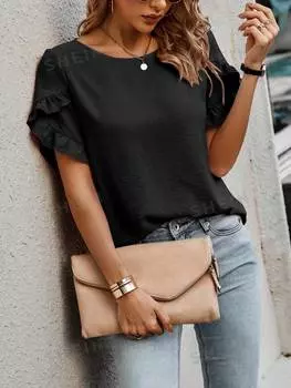 Блузка женская Shein Lune с короткими рукавами и лепестками в горошек, черный