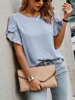 Блузка женская Shein Lune с короткими рукавами и лепестками в горошек, голубой