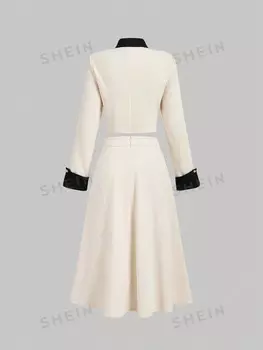 Блузки с контрастным воротником и манжетами MOD, длинные сложенные юбки, элегантные винтажные костюмы в дворцовом стиле Shein, мультиколор