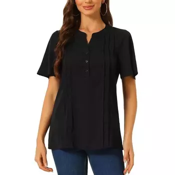 Блузки с v-образным вырезом для женщин, нарядные повседневные топы, рубашки на пуговицах, деловая работа, футболка с коротким рукавом ALLEGRA K, черный