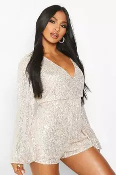 Блузон комбинезон с пайетками и запахом передним рукавом Boohoo, нюд