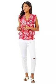 Блузон с бахромой и подолом с цветочным принтом Ditsy Roman, красный