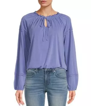 Блузон-топ с эластичным подолом и длинными рукавами Lucky Brand Sandwash с разрезом и V-образным вырезом, синий