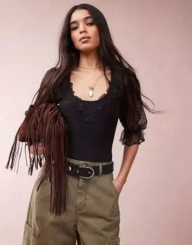 Боди ASOS DESIGN из плотной сетки с вырезом сердечком и рукавами-фонариками черного цвета