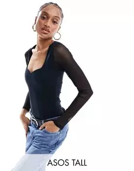 Боди ASOS DESIGN Tall с вырезом в форме сердца и рукавами в сетку