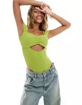 Боди ASOS из фактурной ткани оливково-зеленого цвета с короткими рукавами и присборенной деталью на груди