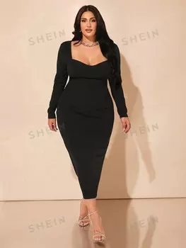 Боди BAE, Эластичная ткань, бархатный полосатый узор, красивый и элегантный для общения или выхода в свет для женщин больших размеров, черное платье с Длинными рукавами, роскошная мода Shein, черный