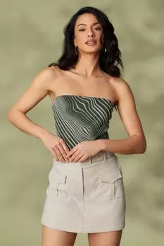 Боди без бретелек с сеткой цвета хаки и волнами QUIZ Clothing