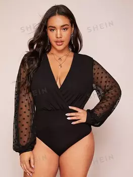 Боди больших размеров Priv, глубокий вырез, сетчатая ткань «добби», рукава-фонарики Shein, черный