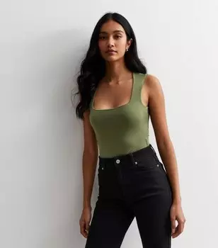 Боди цвета хаки с квадратным вырезом New Look, хаки