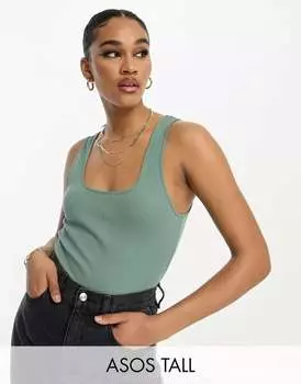 Боди цвета хаки в рубчик с широким воротником ASOS DESIGN Tall