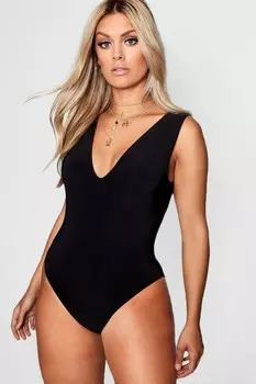 Боди двухслойное Boohoo Plus с глубоким вырезом, черный