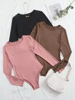 Боди-футболка Shein Essnce облегающее с длинными рукавами, черный / коричневый / розовый