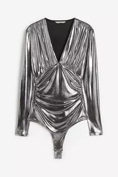 Боди H&M Draped V-neck Thong, серебристый