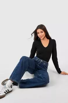 Боди из хлопковой смеси с длинными рукавами и V-образным вырезом boohoo, черный