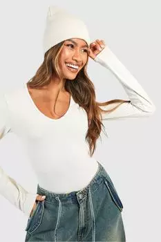 Боди из хлопковой смеси с длинными рукавами и V-образным вырезом boohoo, бежевый