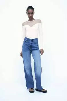 Боди из контрастного тюля ZARA, устричный белый