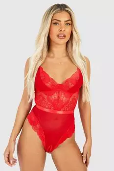 Боди из кружева и сетки с вырезами Valentine's boohoo, красный
