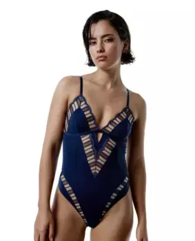 Боди из микрофибры и геометрического кружева с треугольными чашечками Black Limba, тёмно-синий