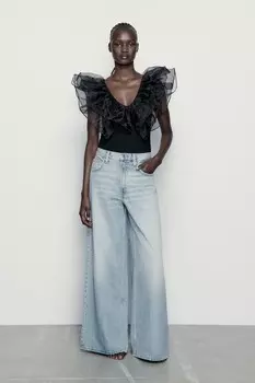 Боди из органзы с оборками ZARA, черный