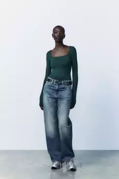 Боди из полиамида с квадратным вырезом ZARA, темно-зеленый
