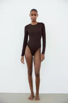 Боди из полиамида с вырезом ZARA, коричневый