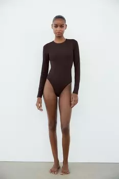 Боди из полиамида с вырезом ZARA, коричневый