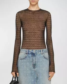 Боди из сетки 4G с длинными рукавами и круглым вырезом Givenchy, цвет Black